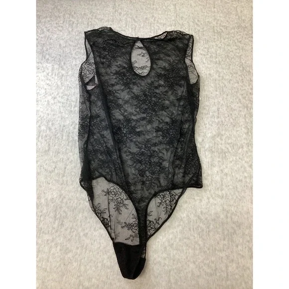 Auden Womens Black Floral Lace Sleeveless Thong Bodysuit Large 023102212