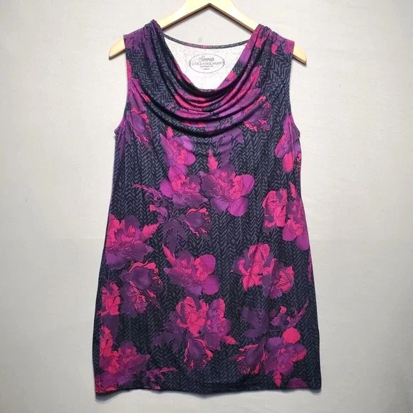 Soma Floral Drape Neck Tunic Top Womens M‎ Purple Loungewear Stretch Soft Dress