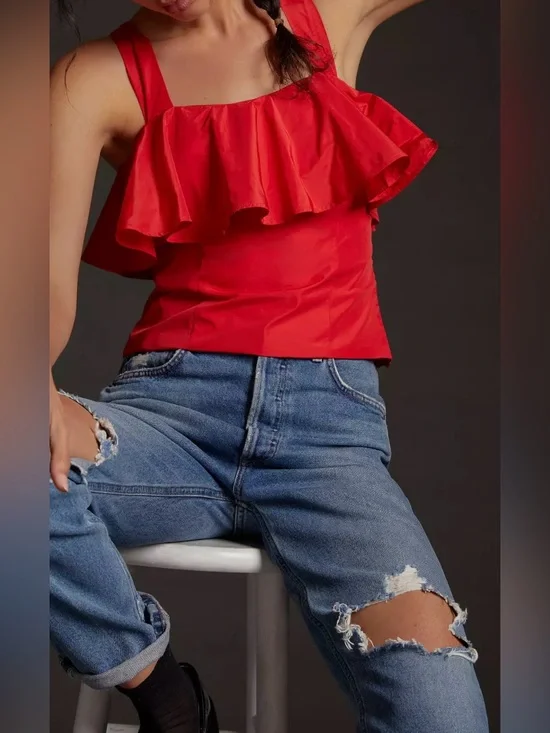 Maeve by Anthropologie Red Ruffle Open Back Sleeveless Blouse - Size 10