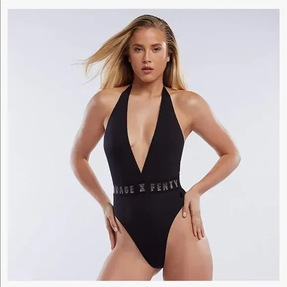Savage X Fenty Black w Gold Halter Women One Piece Bodysuit Size Small