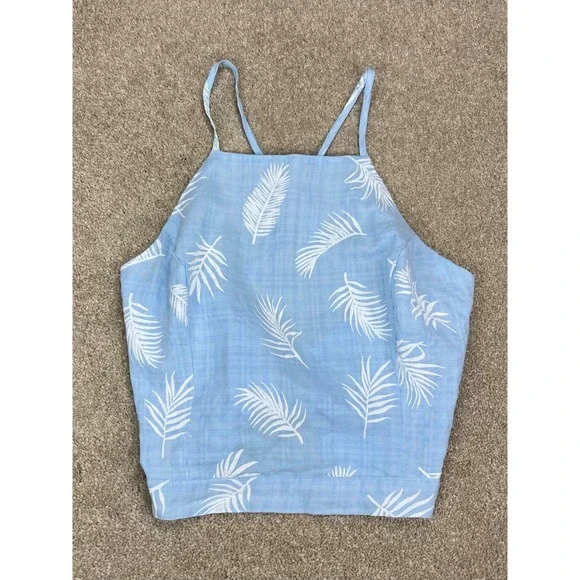 Hyfve Palm Leaf Print Tie Back Halter Crop Top Women L Pastel Blue Vacation Boho
