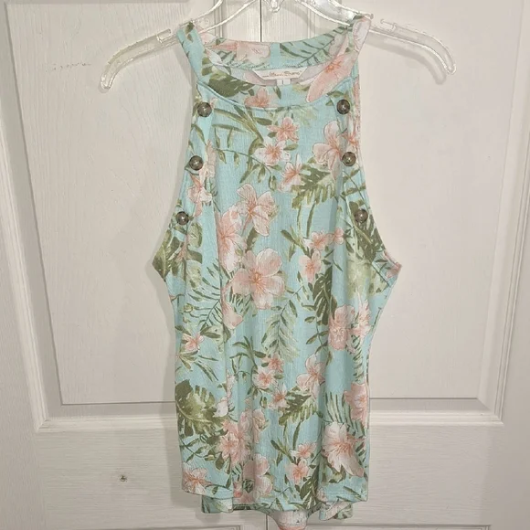 Island Shores Tropical Floral Halter Tank Top-Blue Green Coral-L