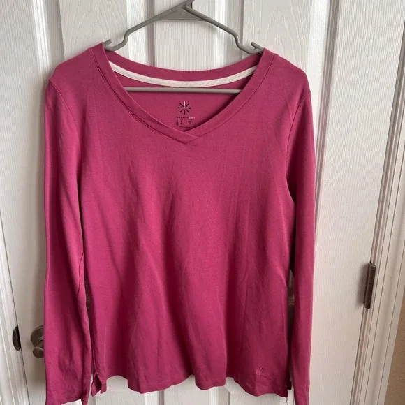 Isaac Mizrahi Live Essentials Long Sleeve Pima Cotton V Neck Pink T-Shirt Top