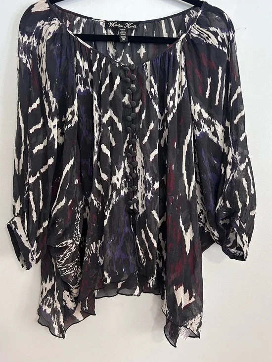 Winter Kate Silk Boho Blouse M Sheer Ikat Peasant Festival Top Vintage Silk