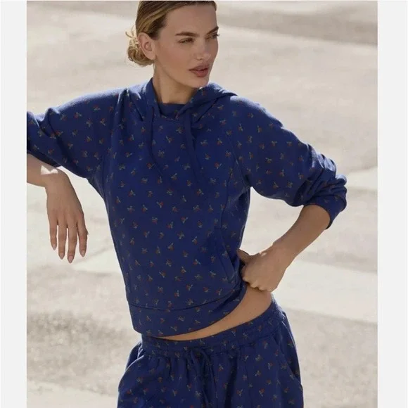 Daily Practice Anthropologie Blue Cherry Print Hoodie Sweatshirt OB2096624 Small