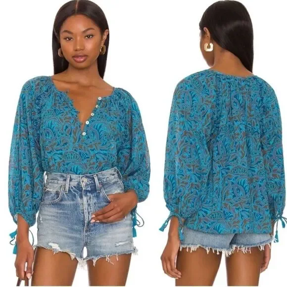 Cleobella Jayda Blouse Zuri Blue Block Print