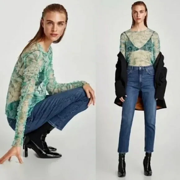 NWT Zara Green Floral Sheer Tulle Mesh Top Sz S