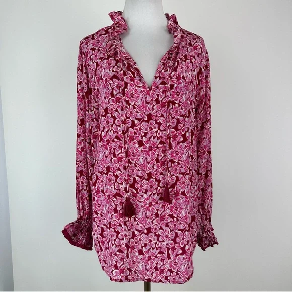Rungolee Francesca Fuchsia Taffiti Floral Silk Top Size Large