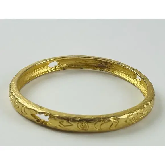 Liz Claiborne Bangle Bracelet Gold Tone Star cut out Etched LCi Moon Spiral Burs