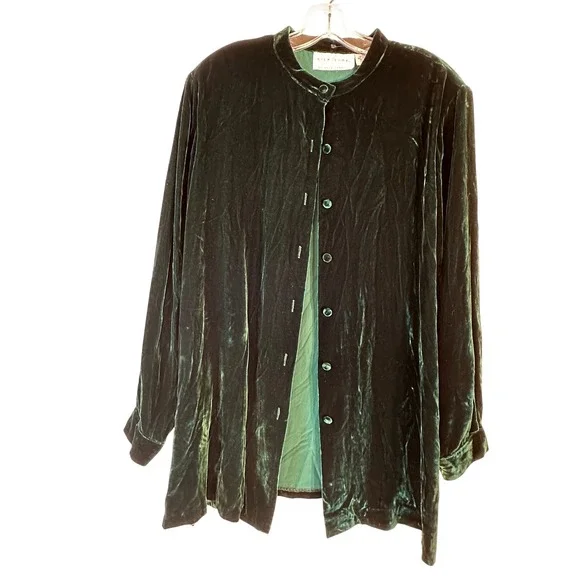 Silk Lore Beth Terrell Forest Green Silk Blend Velvet Mandarin Collar Shirt 1X