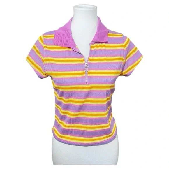 Rue 21 Y2K Pink Yellow Striped Ribbed Zip Crop Top