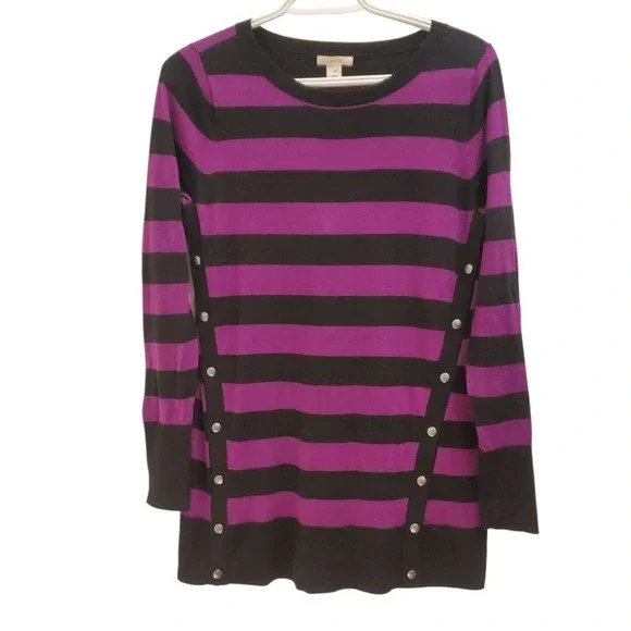 Caslon Striped Button Accent Tunic Top Long Sleeve Purple Black XS