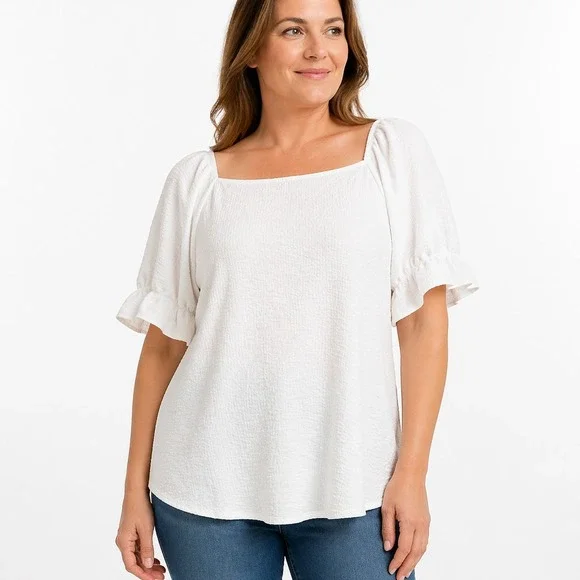 Cato Womens L White Textured Blouse Square Neck Flutter Short Sleeve Boho Top