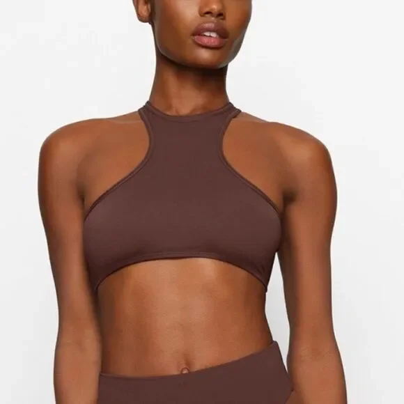 SKIMS NWT Recycled Swim High Neck RacerBack Swim Top In Cocoa Brown Swim Bikini