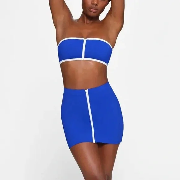 SKIMS Recycled Zip Up Swim Mini Skirt Cobalt Blue NEW