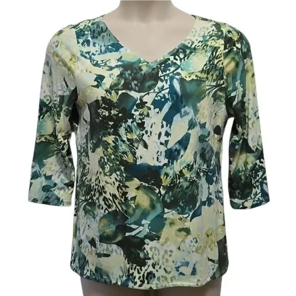 Chico's Green Watercolor Floral 3/4 Sleeve Top Stretch Size M‎