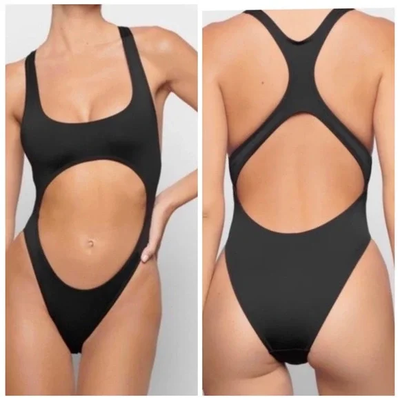 SKIMS Swim Monokini Onyx Black Cut Out Racerback One Piece Large NEW