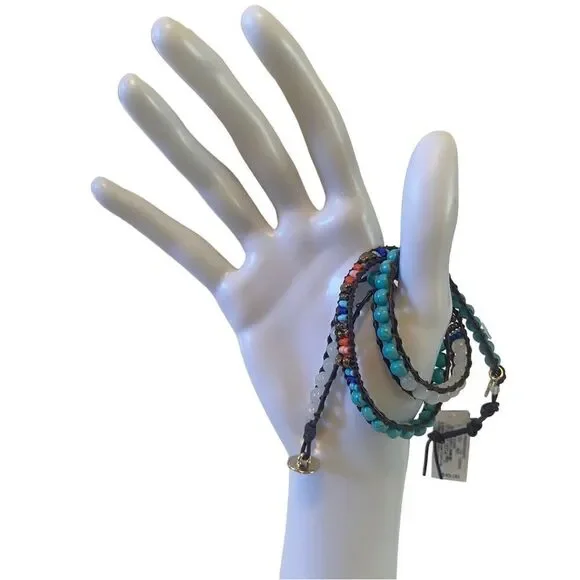 Multi Colored Seed Bead & Leather Wraparound Bracelet.