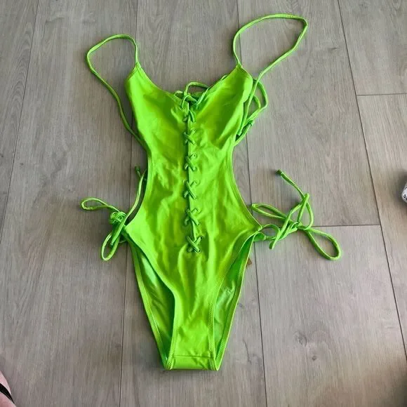 SKIMS Swim Lace Up Monokini Neon Green Sz L