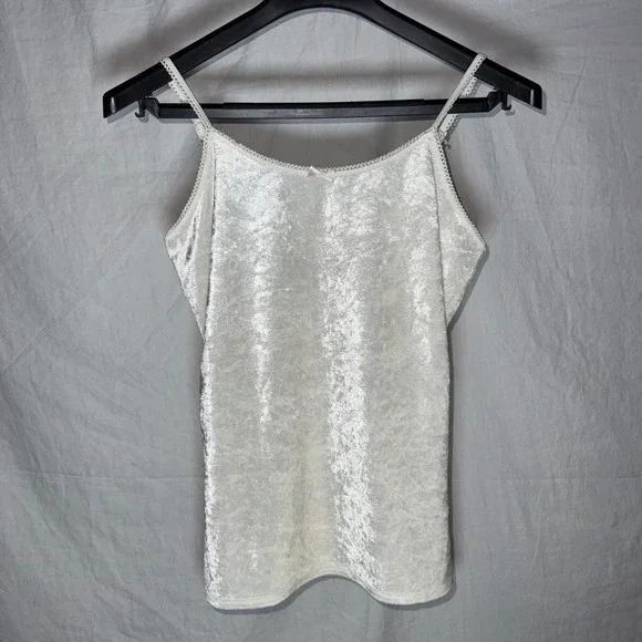 Ivory Crushed Velvet Camisole Lace Trim Bow Vintage 90s M Canyon River Blues
