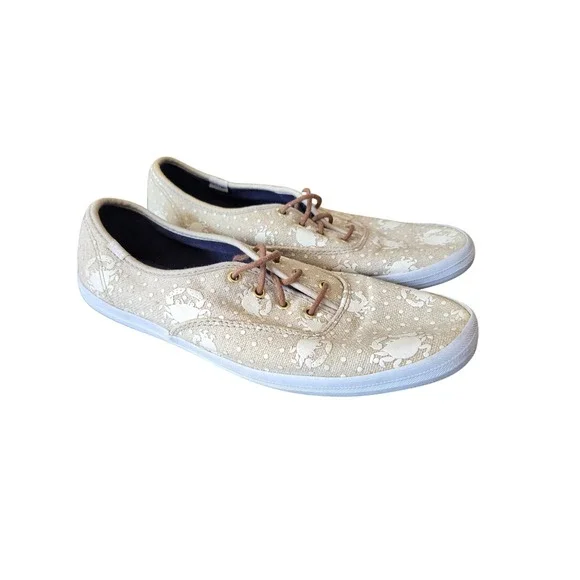 Keds Champion Womens Tan White Nautical Crab Canvas Sneakers 8.5 Coastal Beachy