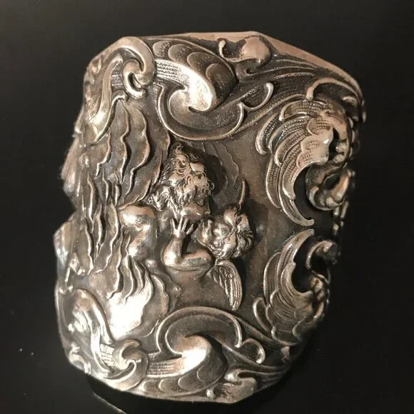 Kissing Cherub Wide Sterling Silver Cuff Bracelet Unger Brothers Angel Putti