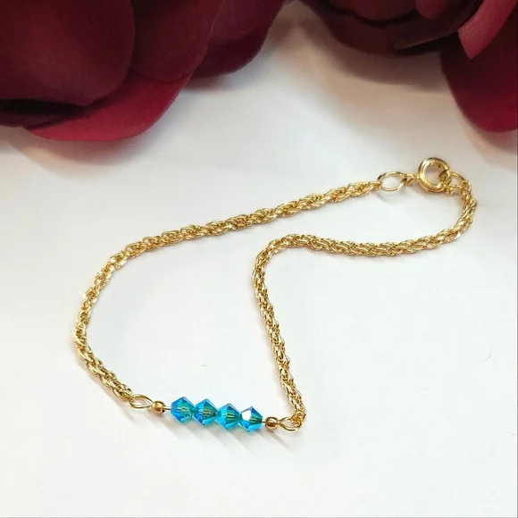 Handmade Teal Blue AB Crystal Bar Bracelet Gold Chain