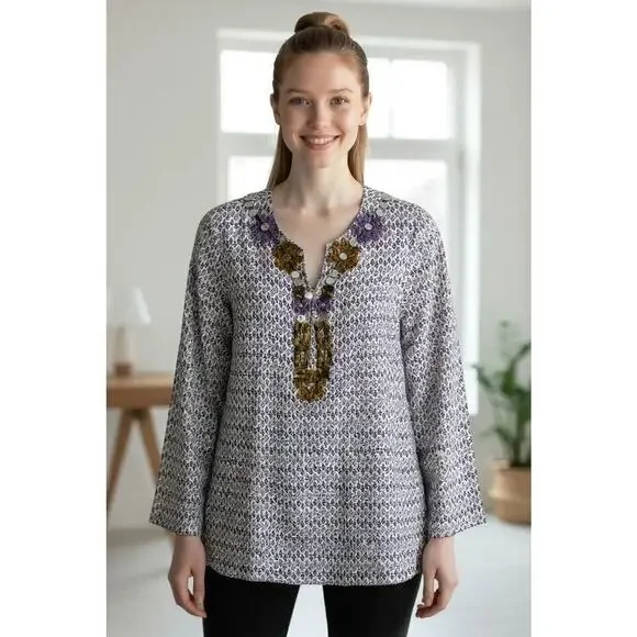 Tory Burch Embellished V-Neck Long Sleeve Tunic Top Shirt Blouse Size 4 NWOT