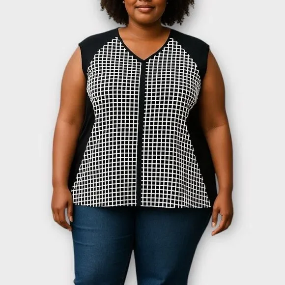 Liz Claiborne Black and White Checked Print knit blouse size 2x