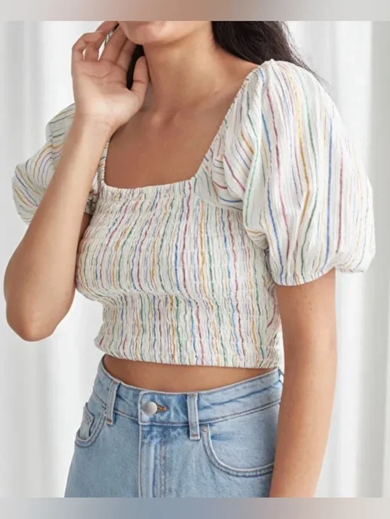 & Other Stories White Multicolor-Striped Smocked Puff Sleeve Blouse - Size 6