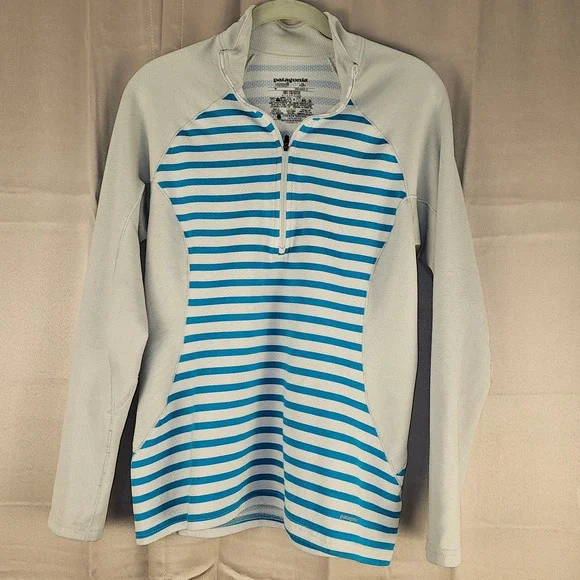 Patagonia‎ Womens Blue Striped Capilene 3 Midweight Zip Neck Long Sleeve Top Med