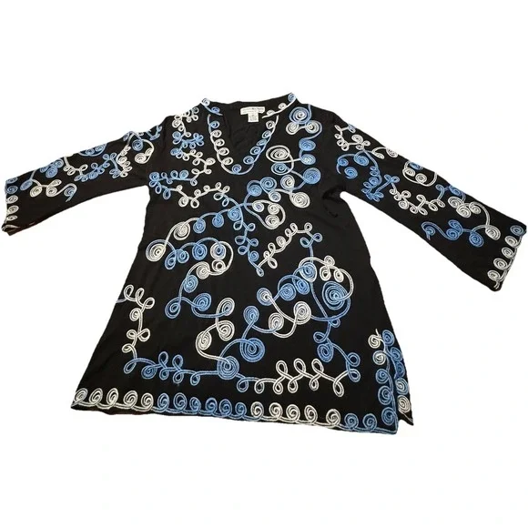Lauren Michelle Woman Black Silver Tunic Top Blouse Applique Ribbon Sz L