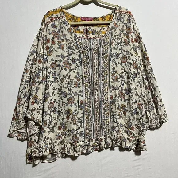Rose & Thyme Blouse Top Women's 3X Multicolor Viscose Floral V-Neck Long Sleeve‎