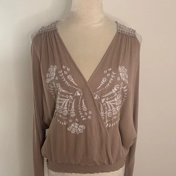 Phanuel Cold Shoulder Beige Blouse with White Floral Embroidery