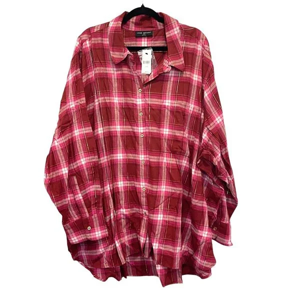NWT Lane Bryant Womens No-Peek Plaid Button-Up Shirt 34/36 Red Pink Cotton/Visco