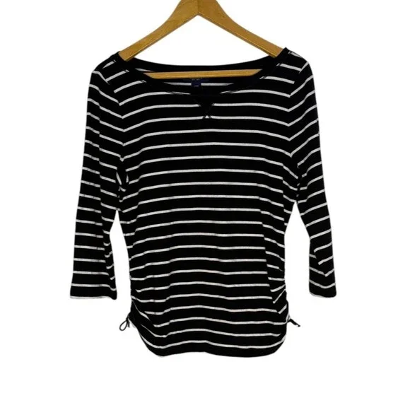 Chaps Women's 3/4 Sleeve Crewneck Boatneck Black White Stripe‎ Cotton Size Large