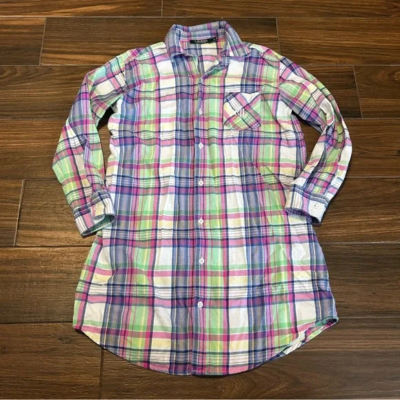 Lauren‎ Ralph Lauren Plaid Long Sleeve Shirt Embroidered Logo Pink Green XS