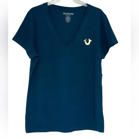 True Religion Blue/Dark Teal V-Neck T-Shirt with Gold Horse Shoe Size XXL