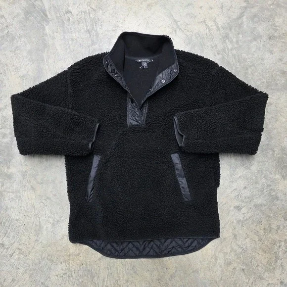 Athleta Black‎ Sherpa Fleece Quilted Snap Neck Pullover Top Womens Small