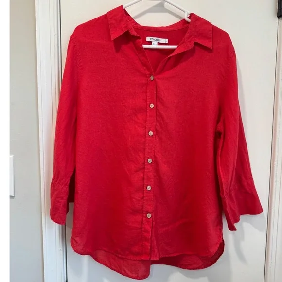 Chicos Red 100% Linen Button‎ Down Shirt 3/4 Sleeve Size 2 US 12 Top