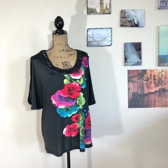 Fashion Bug vibrant floral and beaded top, Sz. 0X