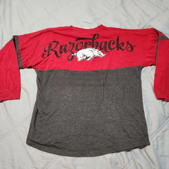 Razorbacks Long Sleeve Shirt Red Large Oversize Thumb Holes Glitter