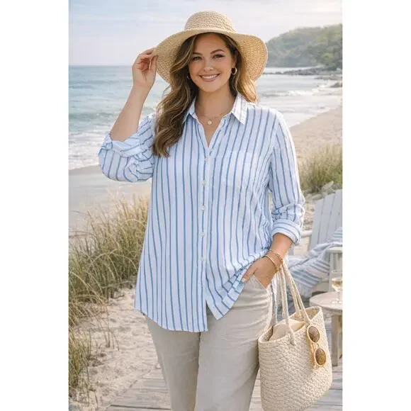 Talbots Blue & White Vertical Striped Boyfriend Shirt Women's Size Medium