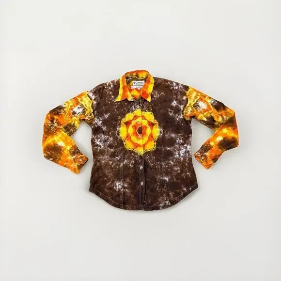 Vintage 90s Tie Dye Top Shirt Size Medium Brown Orange Cotton Hippie Artsy Boho