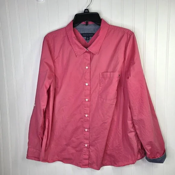 Tommy Hilfiger Shirt Womens XL Pink Casual Top Preppy Office Casual Cotton