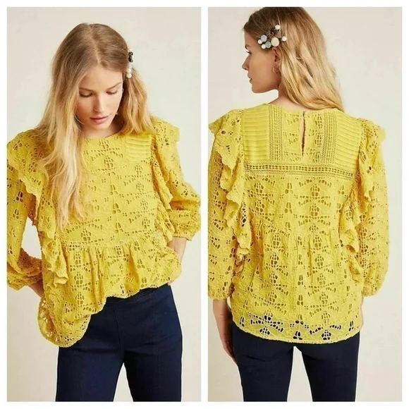 Anthropologie Clementine Blouse Eyelet Ruffle Pullover Puffed Sleeve Top