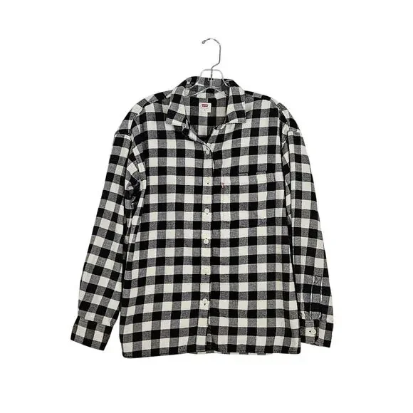 Levi's Flannel Button Front Shirt Black White Buffalo Check Sz M EUC