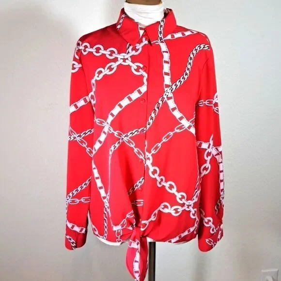 Susan Graver Women’s Size 10 Blouse Red White Chain Print Long Sleeve Top Tie Up