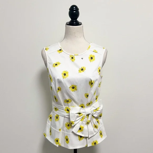 Kate Spade White Yellow Sleeveless Daisy Dot Bow Peplum Top 4 New With Flaws