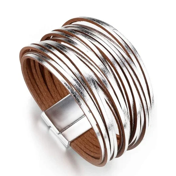 Silver and Tan Spiral Bracelet with Textured Leather Strands